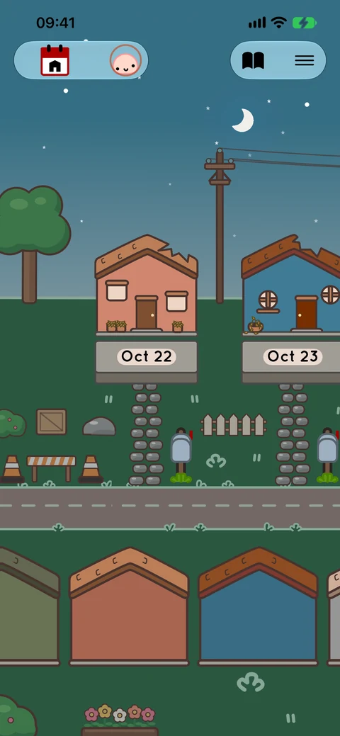 NeuroNook’s illustrated street, with a house for each daily check-in